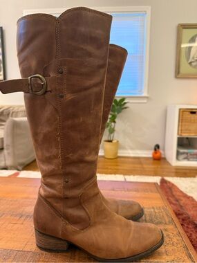 Born Tall Brown Leather Riding Boots with Buckle.